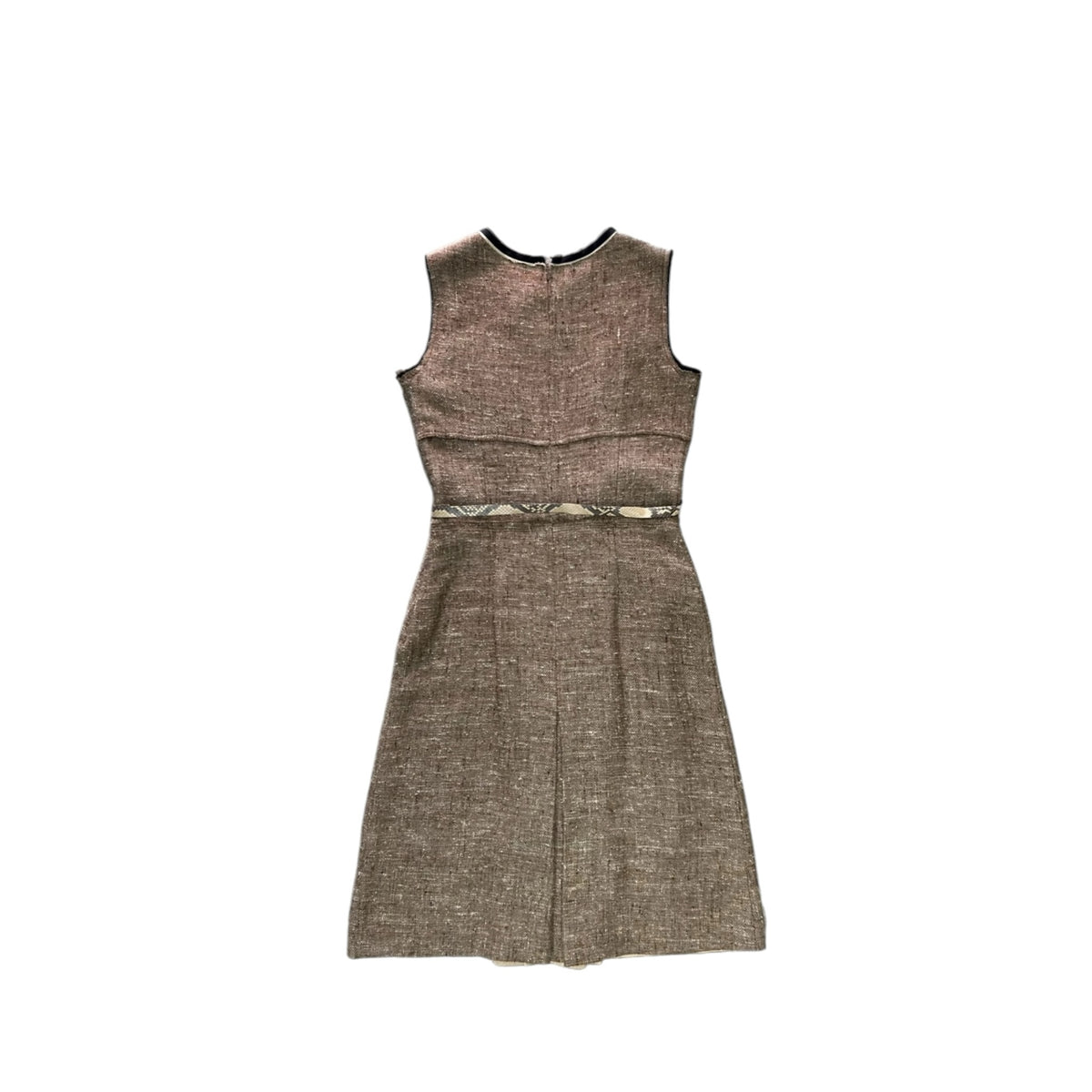 Fivedotsvintage Prada sleeveless brown wool shift dress with a patterned waist belt and minimalist tailored design.