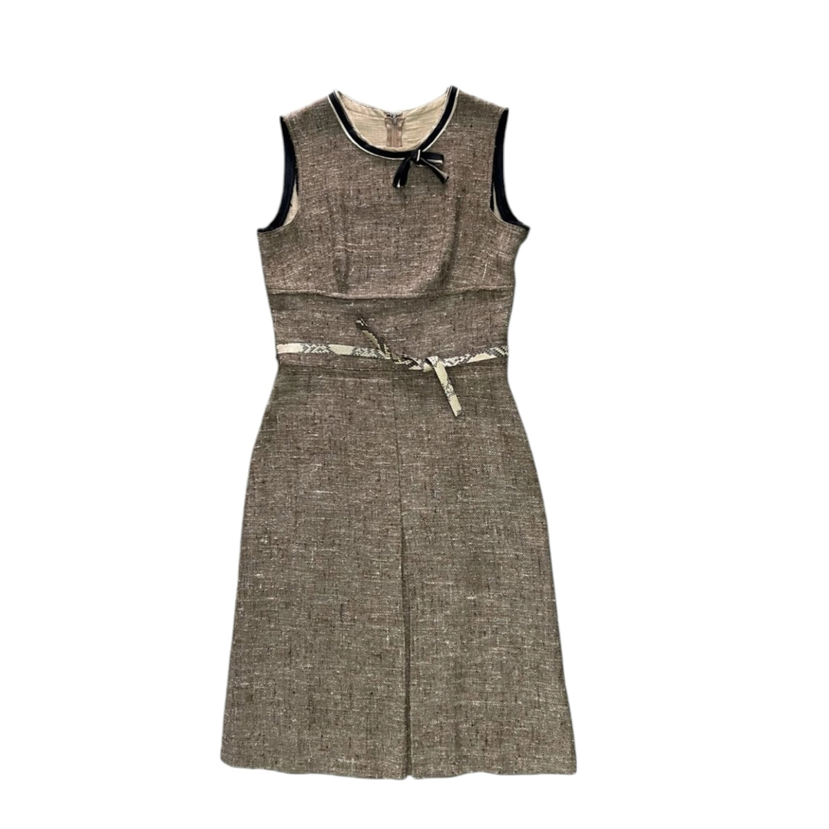 Fivedotsvintage Prada sleeveless brown wool shift dress with a delicate neckline bow and patterned waist belt.