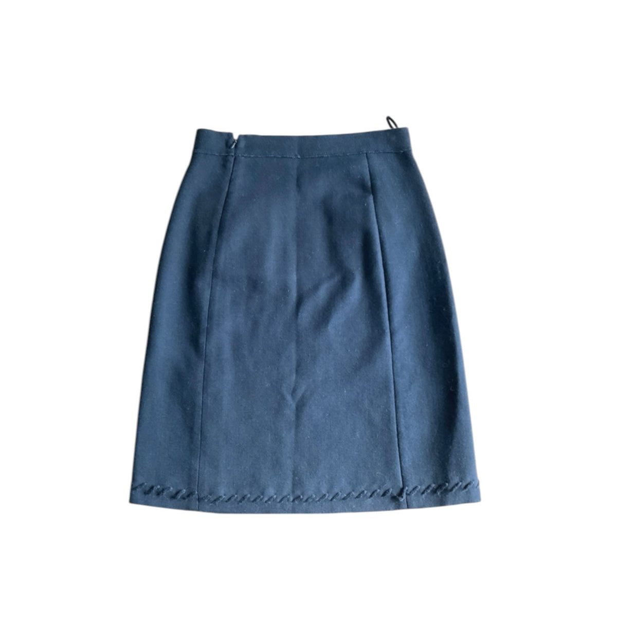 Fivedotsvintage Prada charcoal wool mini skirt with decorative hem stitching and side zip closure