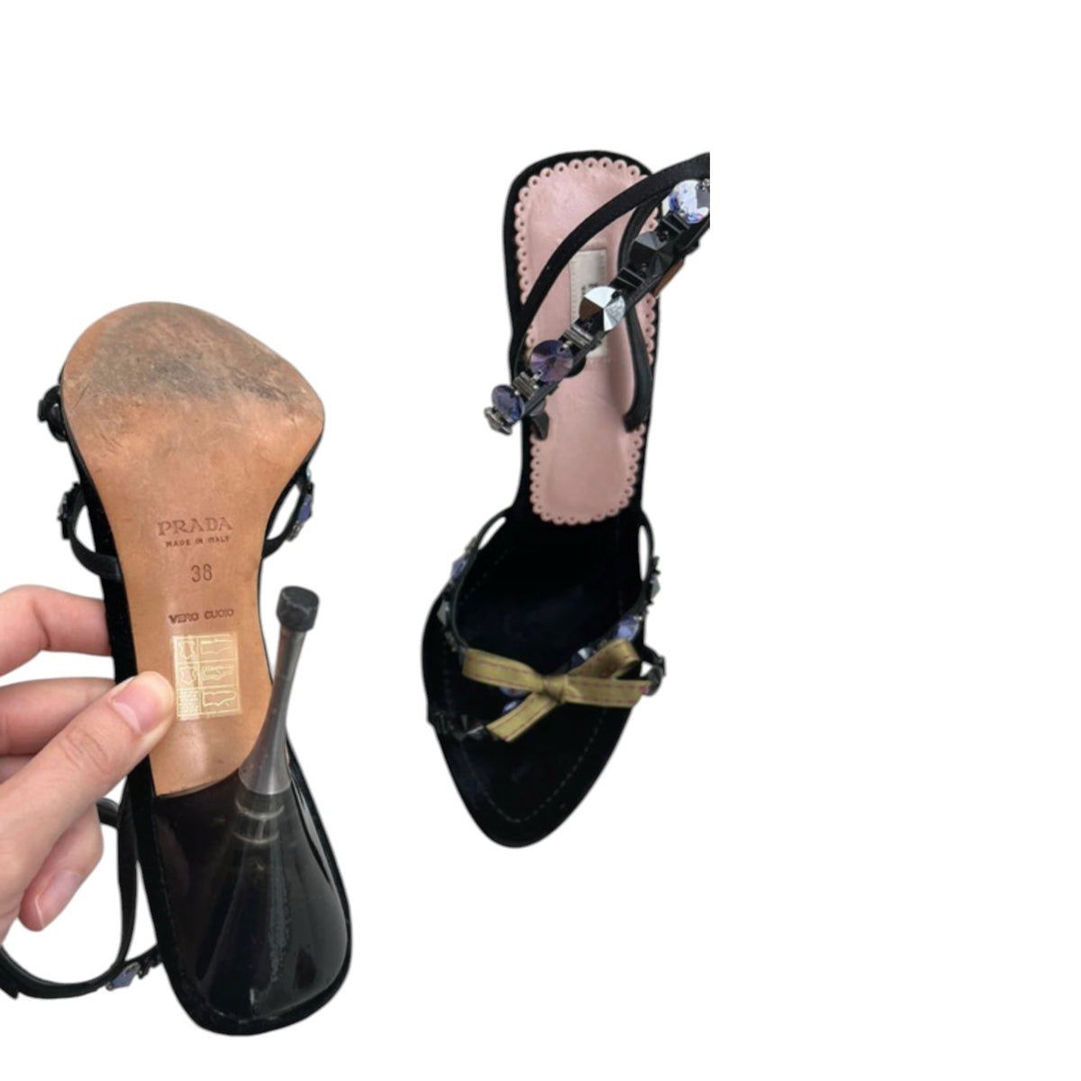 Fivedotsvintage Prada black velvet stiletto sandals with crystal embellishments, gold bow, and metallic heel.