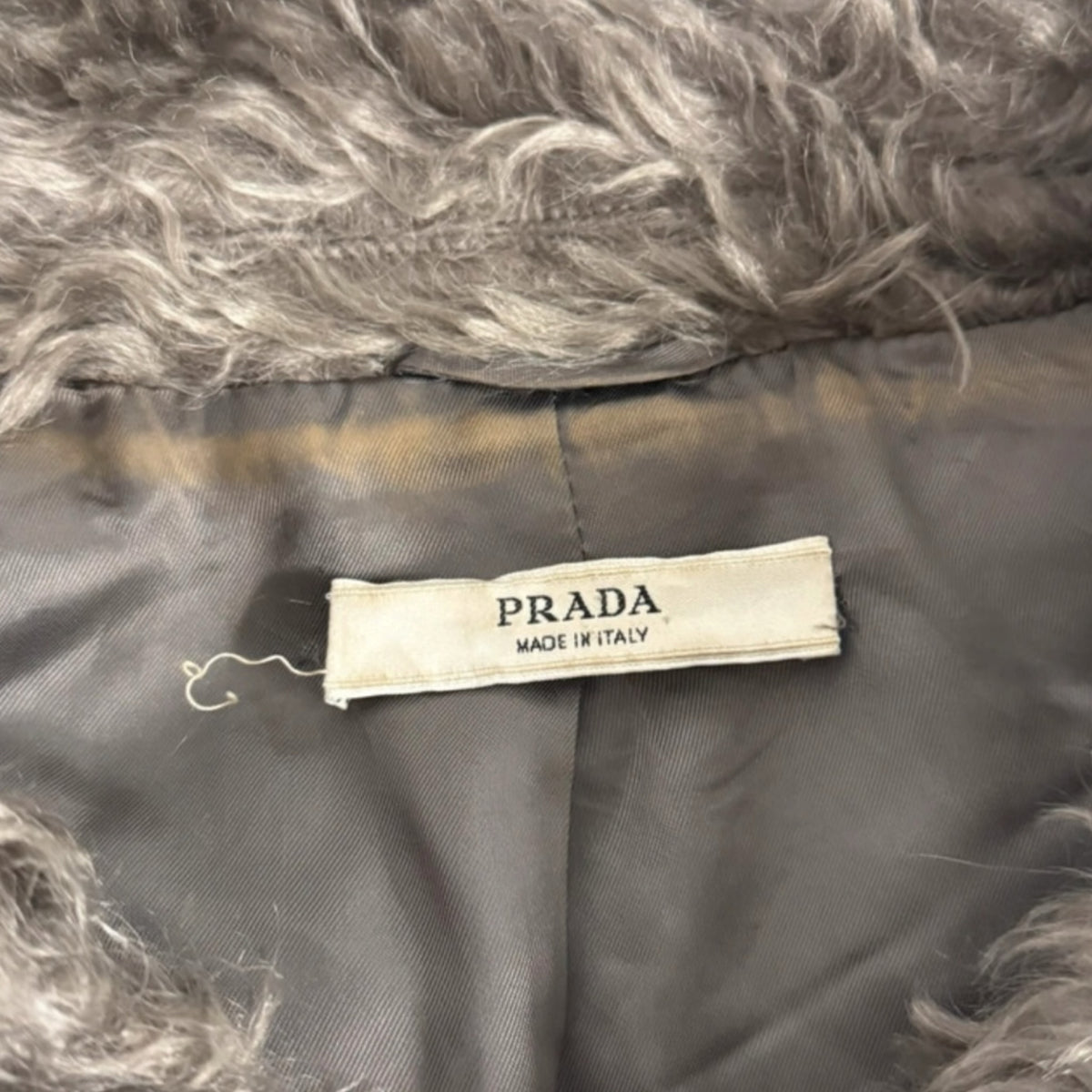 Fivedotsvintage PRADA long faux fur coat label detail in charcoal grey with soft lining and shaggy texture