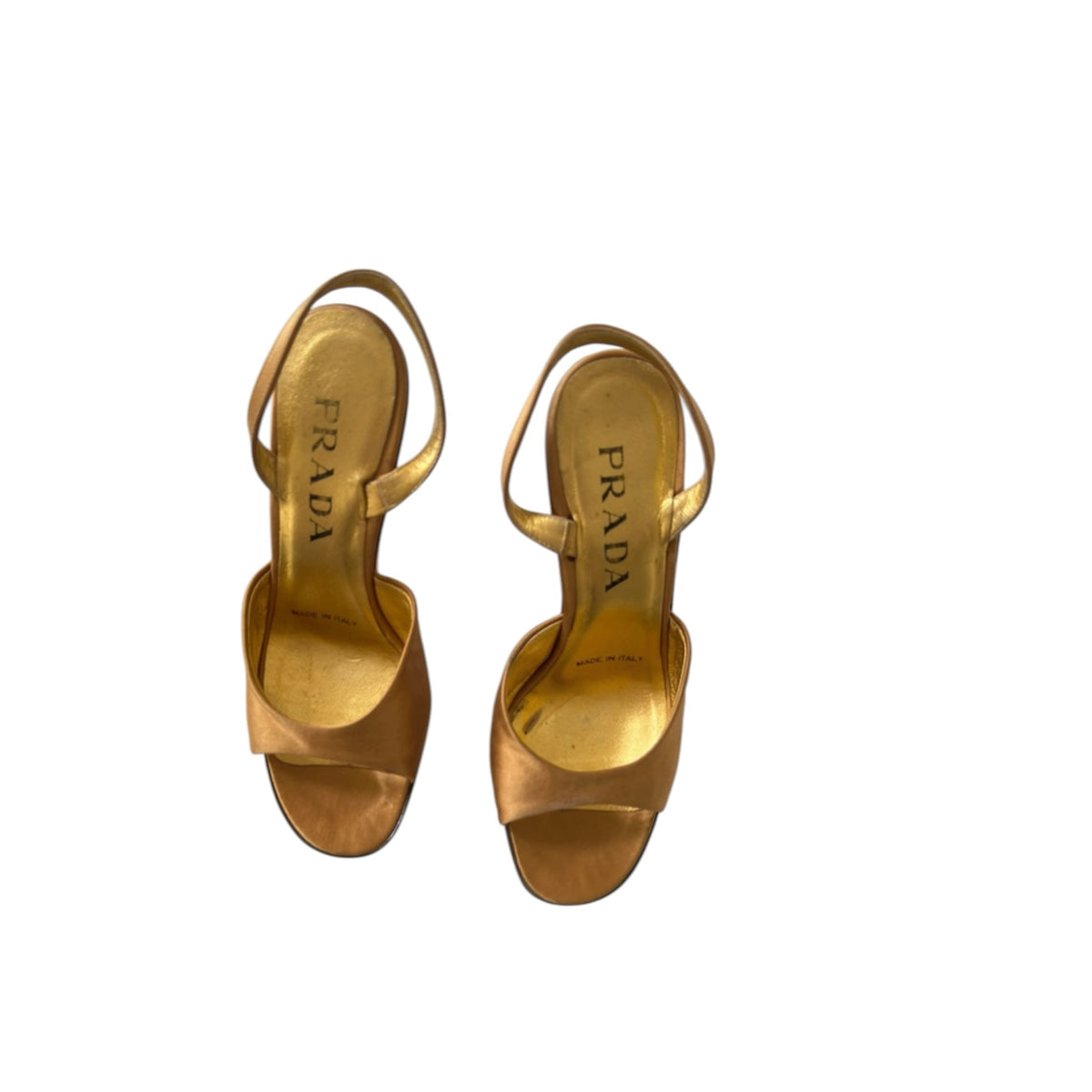 Fivedotsvintage Prada golden-bronze satin slingback wedge sandals with open-toe design and leather insole