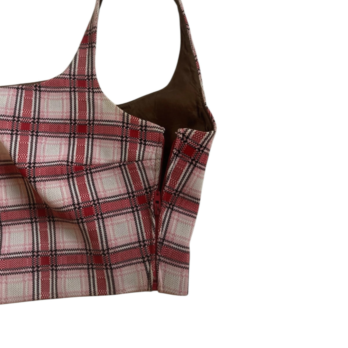 Fivedotsvintage Prada sleeveless crop top in pink, white, and red plaid with a square neckline and side-zip closure.