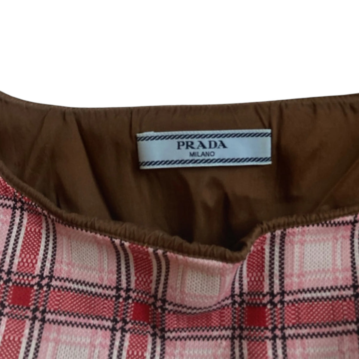 Fivedotsvintage Prada sleeveless crop top featuring a pink, white, and red plaid pattern with a brown interior lining.