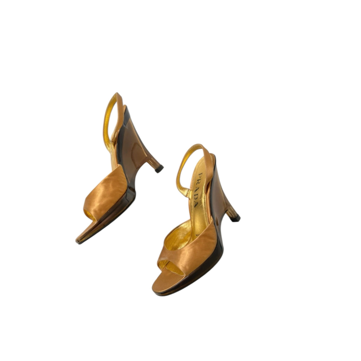 Fivedotsvintage Prada golden-bronze satin slingback wedge sandals with open-toe design and sculpted heel