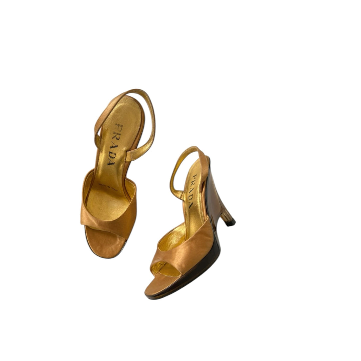 Fivedotsvintage Prada golden-bronze satin slingback wedge sandals with open-toe design and sculpted heel
