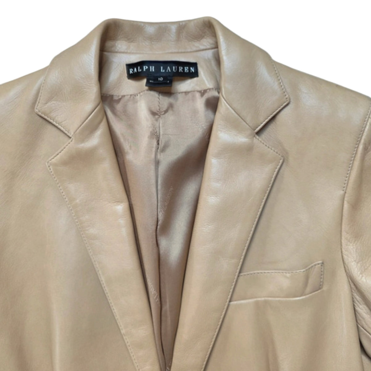 Fivedotsvintage Ralph Lauren beige leather blazer with notched lapels and a single-button front closure.