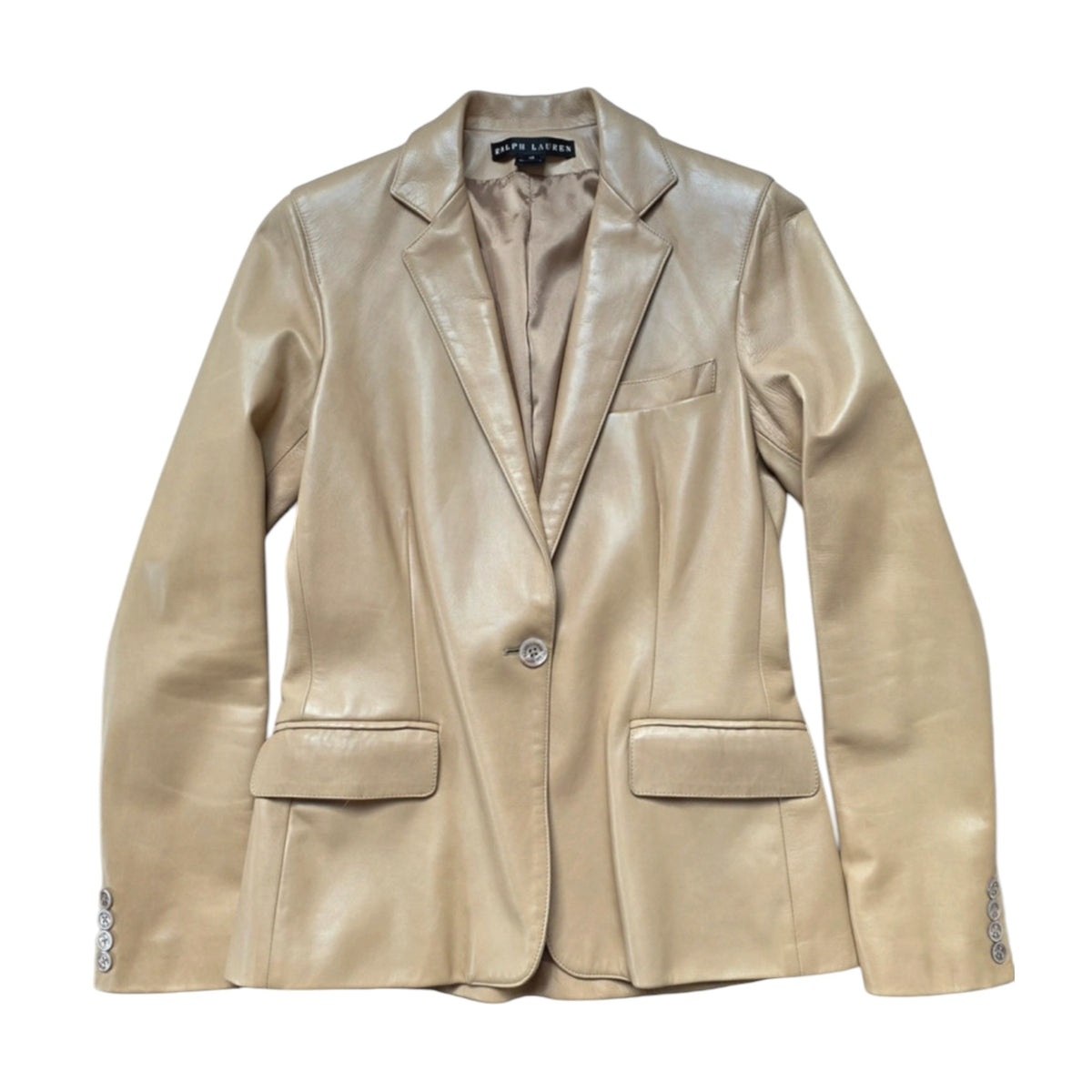 Fivedotsvintage Ralph Lauren beige leather blazer with notched lapels, single-button closure, and flap pockets.