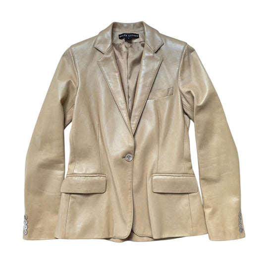 Fivedotsvintage Ralph Lauren beige leather blazer with notched lapels, single-button closure, and flap pockets.