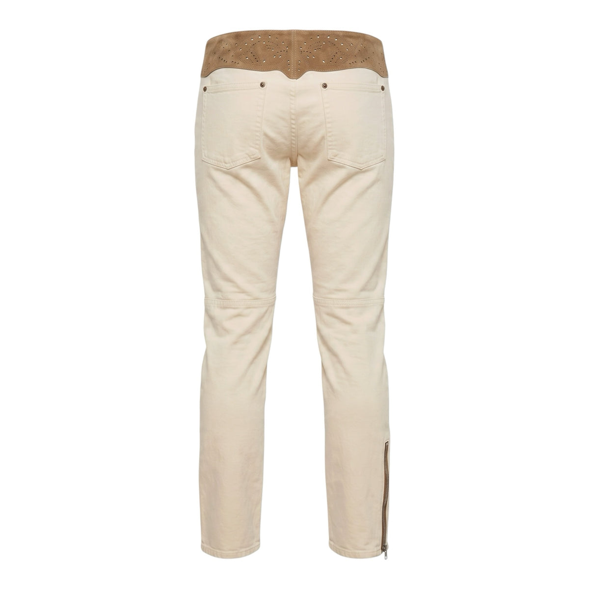 Back view of Fivedotsvintage Ralph Lauren cream cotton trousers with tan suede waistband and ankle zipper detail.