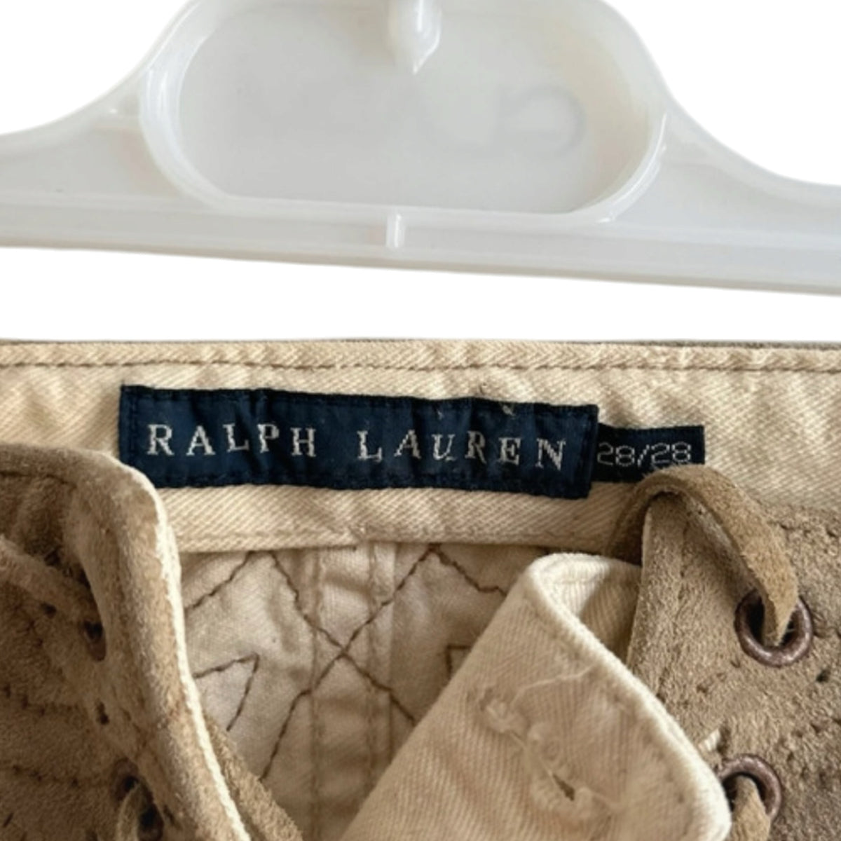Fivedotsvintage Ralph Lauren cream cotton trousers with tan suede lace-up detail and interior brand label