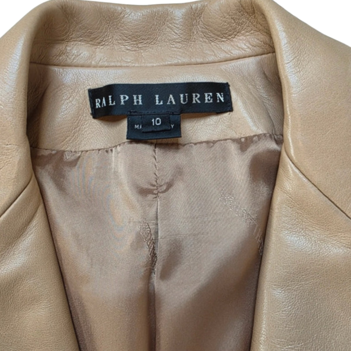 Fivedotsvintage Ralph Lauren beige leather blazer interior label and lining detail