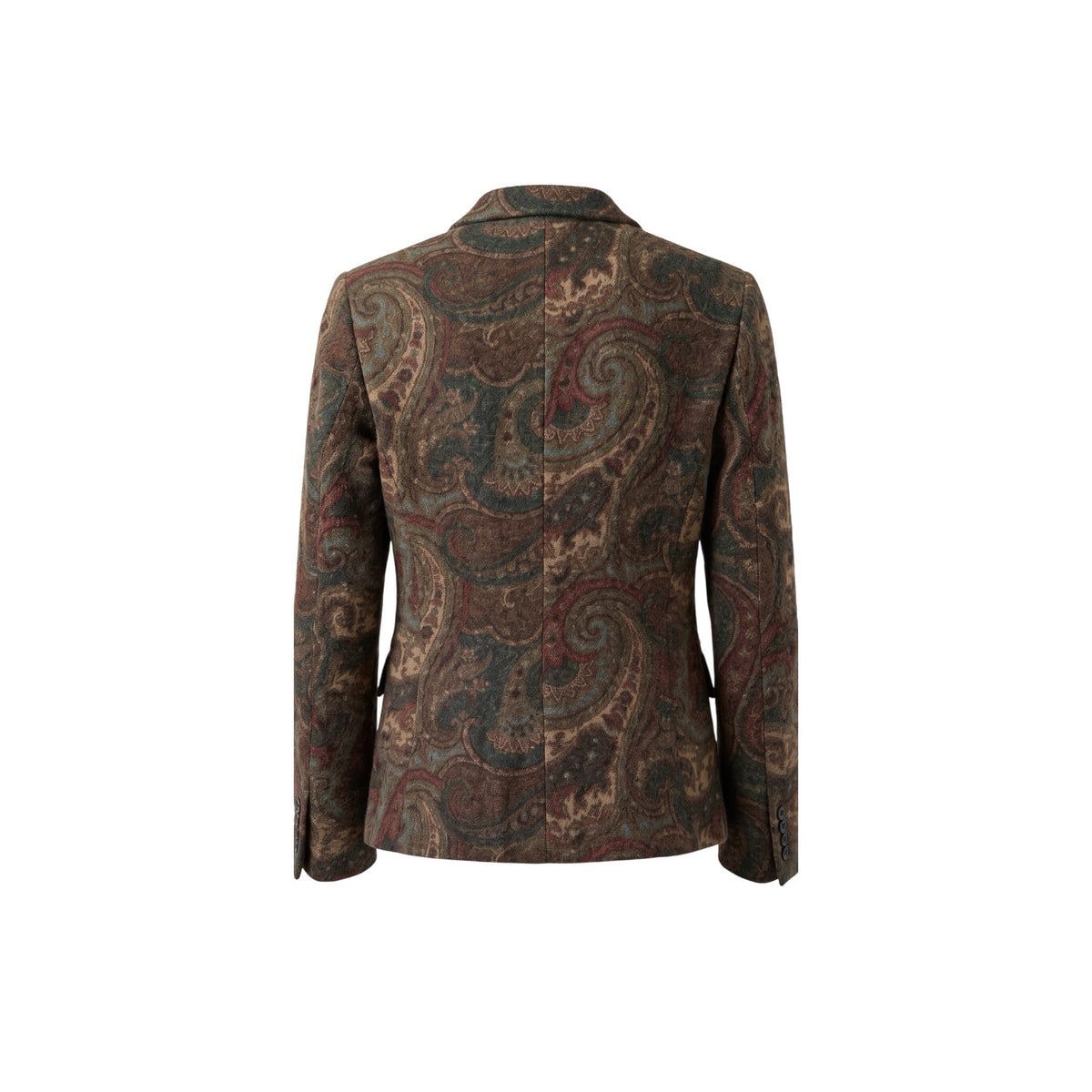 Back view of a Fivedotsvintage Ralph Lauren tailored blazer in a brown, burgundy, and teal paisley print fabric.