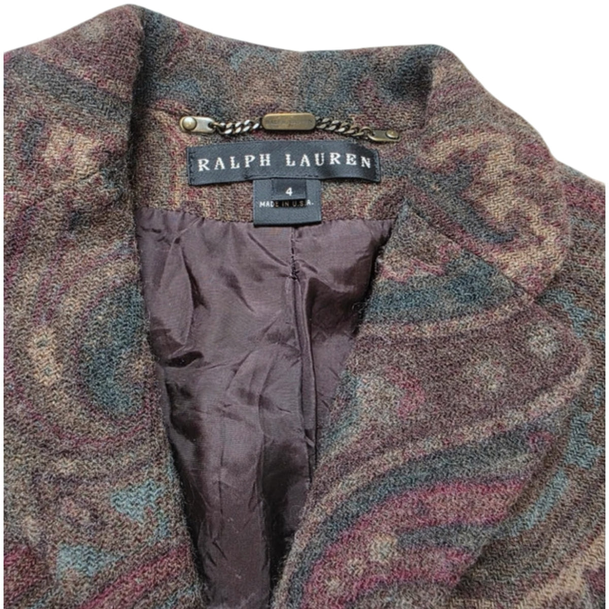 Fivedotsvintage Ralph Lauren blazer featuring a textured paisley print in brown, burgundy, and teal with a chain detail.