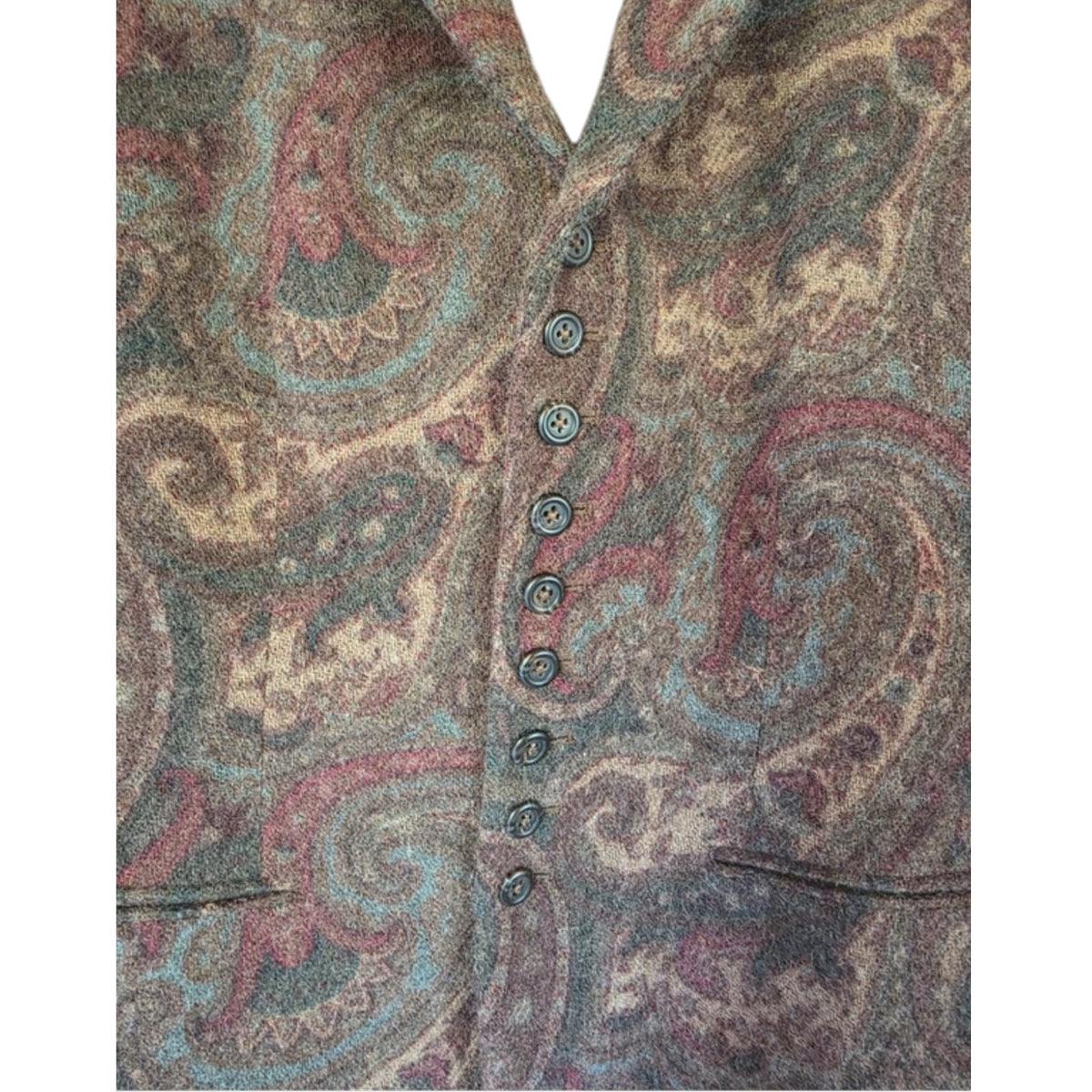 Fivedotsvintage Ralph Lauren tailored blazer in brown, burgundy, and teal paisley print with button-front detail.