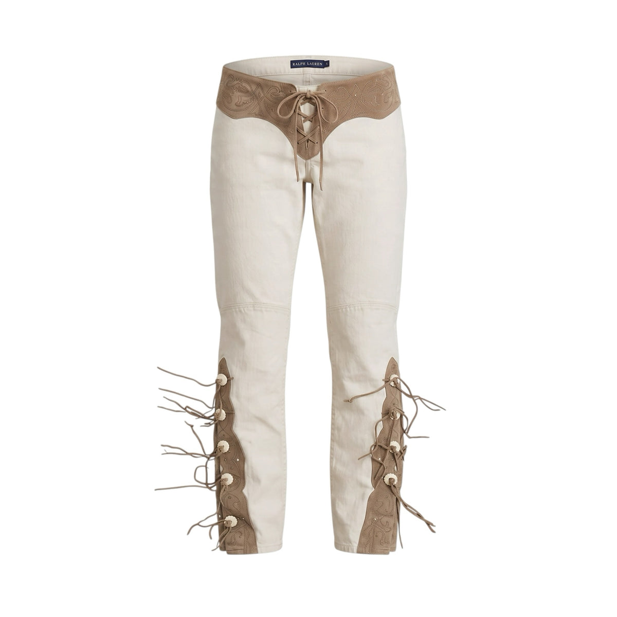 Fivedotsvintage Ralph Lauren cream cotton trousers with tan suede lace-up waist, embroidery, and leg fringe detail.