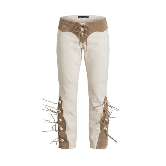 Fivedotsvintage Ralph Lauren cream cotton trousers with tan suede lace-up waist, embroidery, and leg fringe detail.