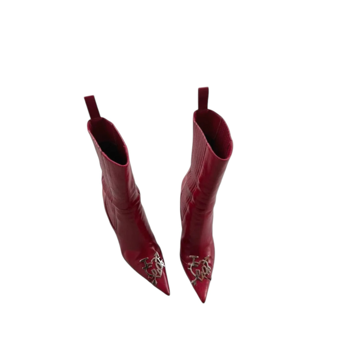 Fivedotsvintage red leather pointed toe stiletto ankle boots with metallic heart emblem on a white background