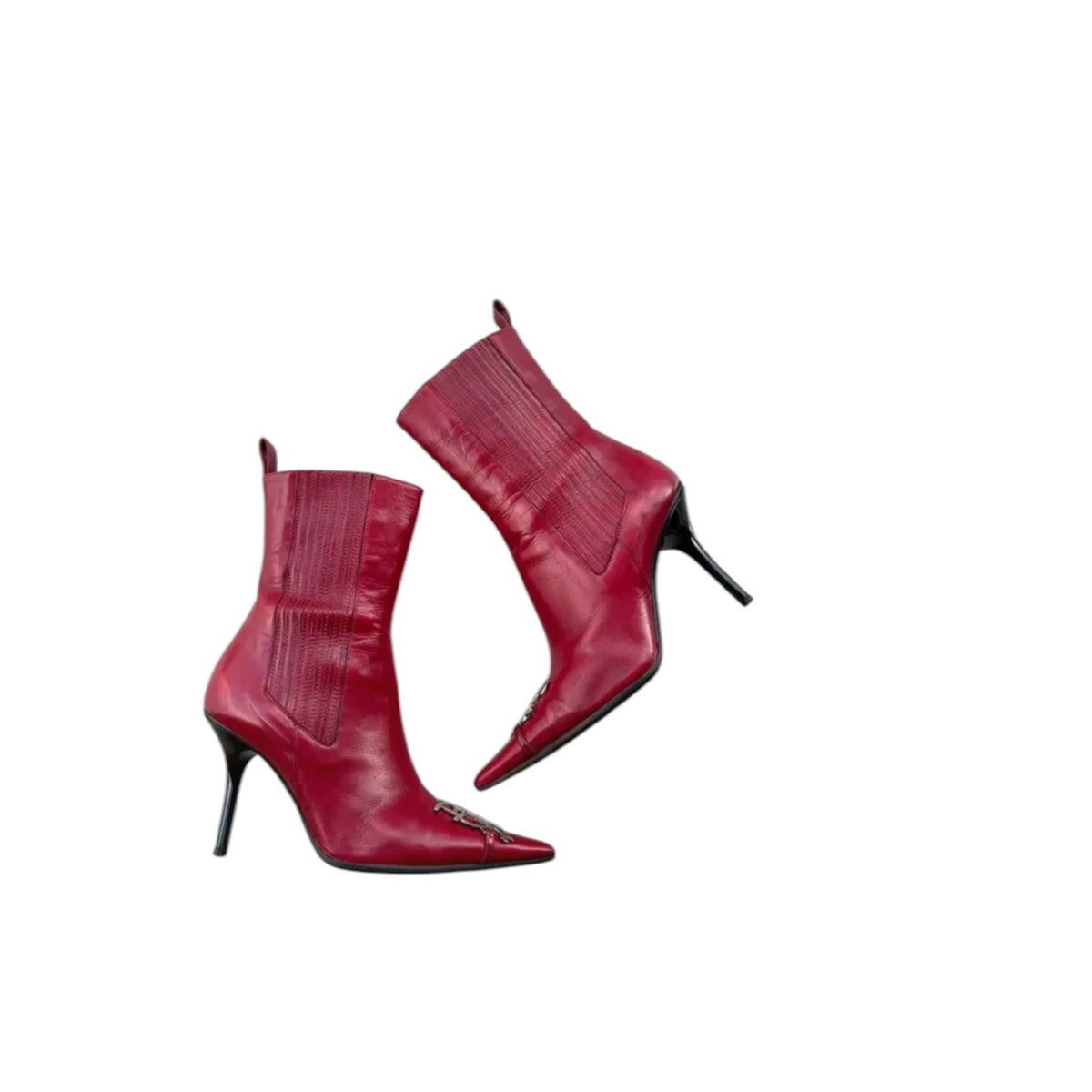 Fivedotsvintage red leather stiletto ankle boots with pointed toes and metallic heart emblem detail