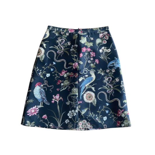 Fivedotsvintage RED Valentino A-line mini skirt in dark navy with multi-coloured botanical, bird, and snake print.