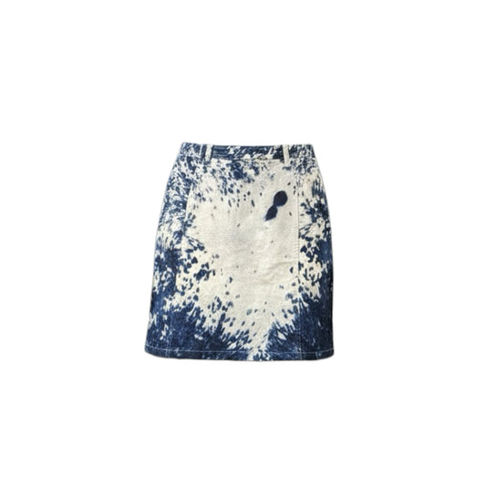Fivedotsvintage Roberto Cavalli mini skirt in indigo and white acid-wash denim with a structured cotton-blend fit.