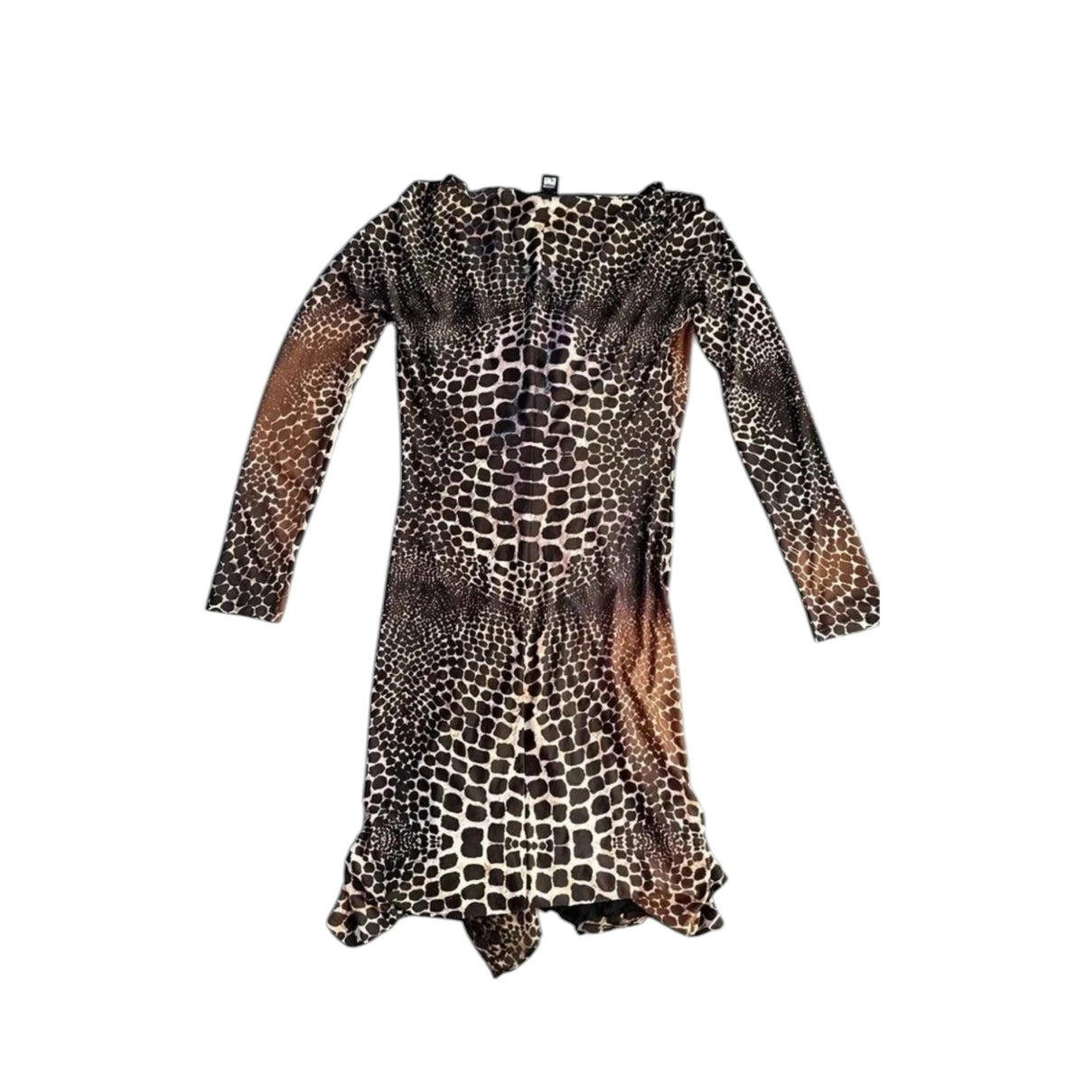 Fivedotsvintage Roberto Cavalli long-sleeve dress featuring a bold black and beige animal print and ruched detail.