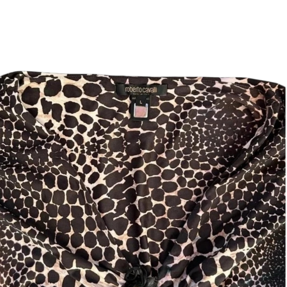 Fivedotsvintage Roberto Cavalli long sleeve dress featuring a high-contrast black and beige animal print pattern