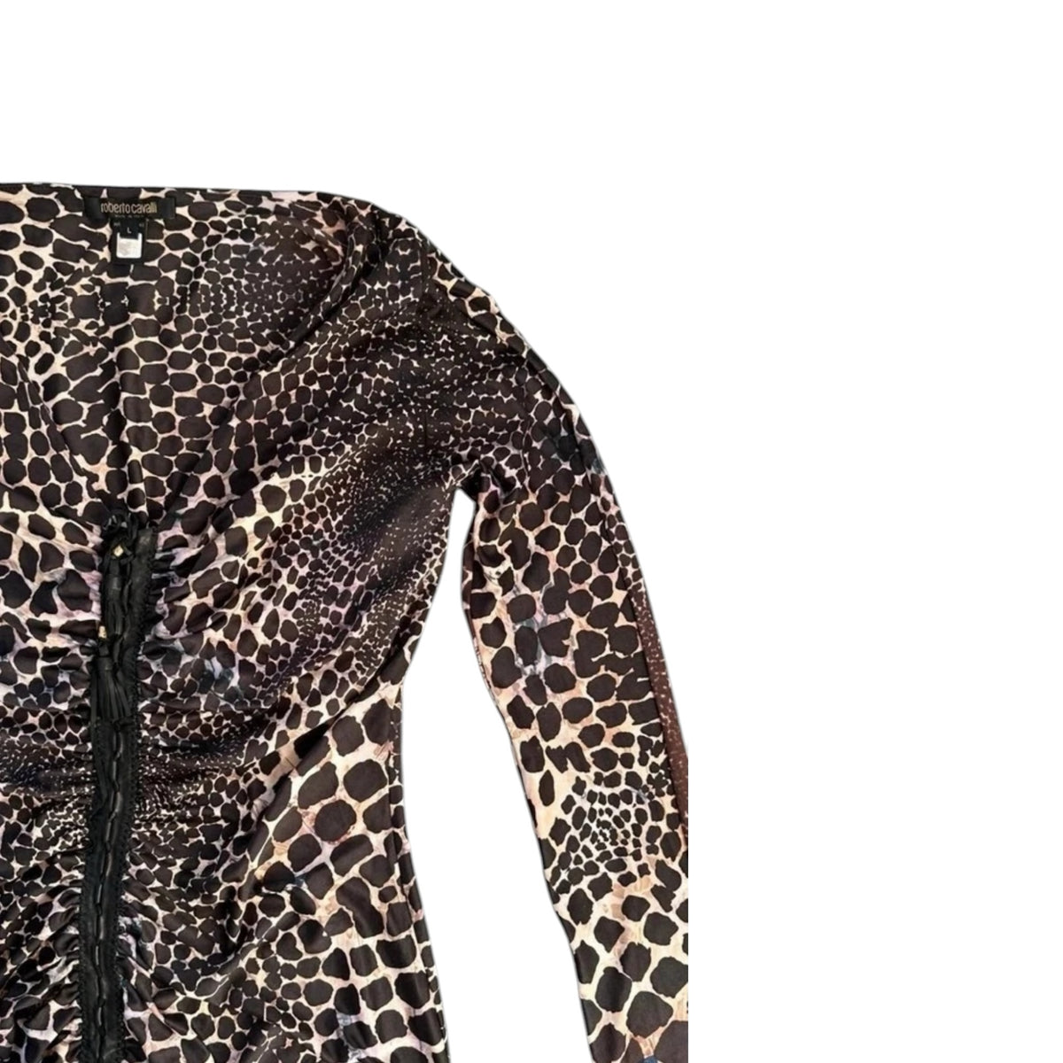 Fivedotsvintage Roberto Cavalli long-sleeve dress featuring a bold animal print, central ruching, and lace-up detail.
