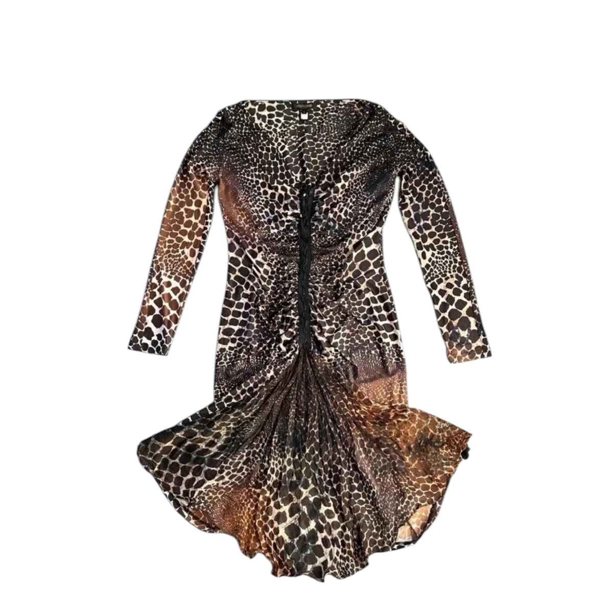 Fivedotsvintage Roberto Cavalli long-sleeve dress with animal print, central ruching, and a flared hemline.