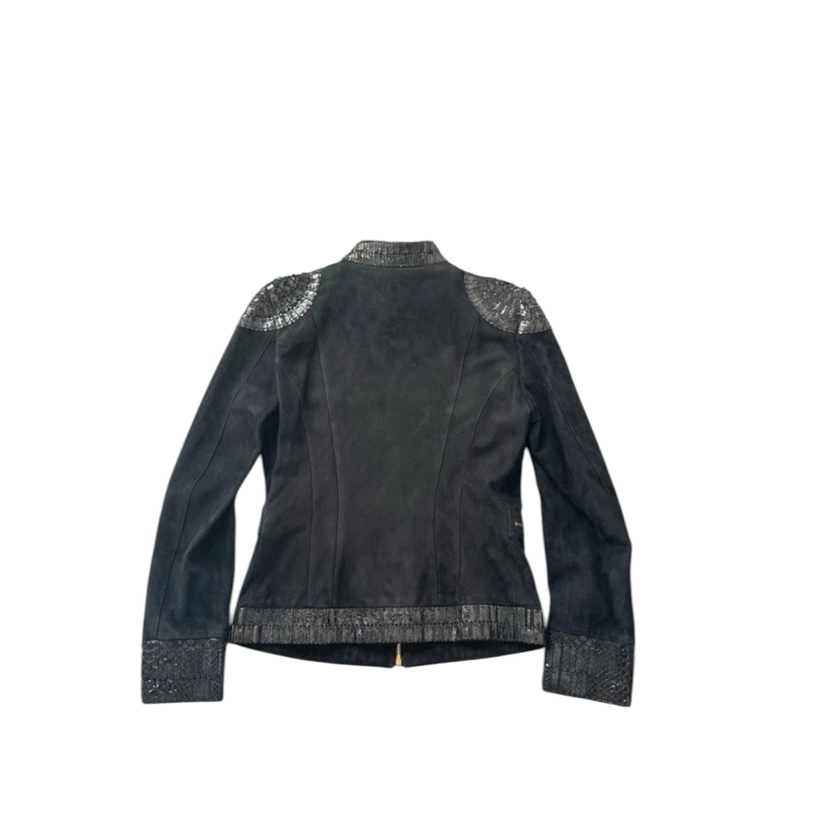 Fivedotsvintage Roberto Cavalli black suede zip-up jacket with textured scale-effect shoulder and hem detailing.