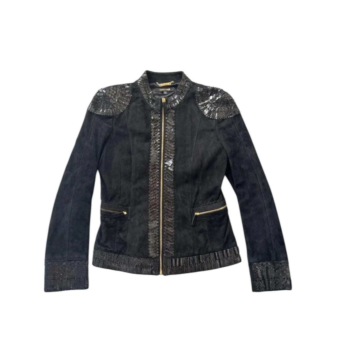 Fivedotsvintage Roberto Cavalli black suede zip-up jacket with scale-effect shoulder and hem embellishments.