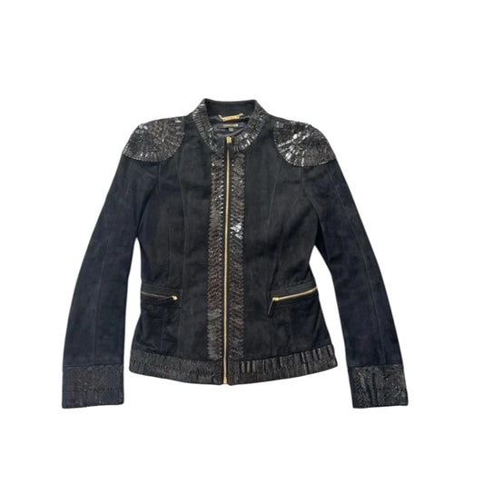 Fivedotsvintage Roberto Cavalli black suede zip-up jacket with scale-effect shoulder and hem embellishments.