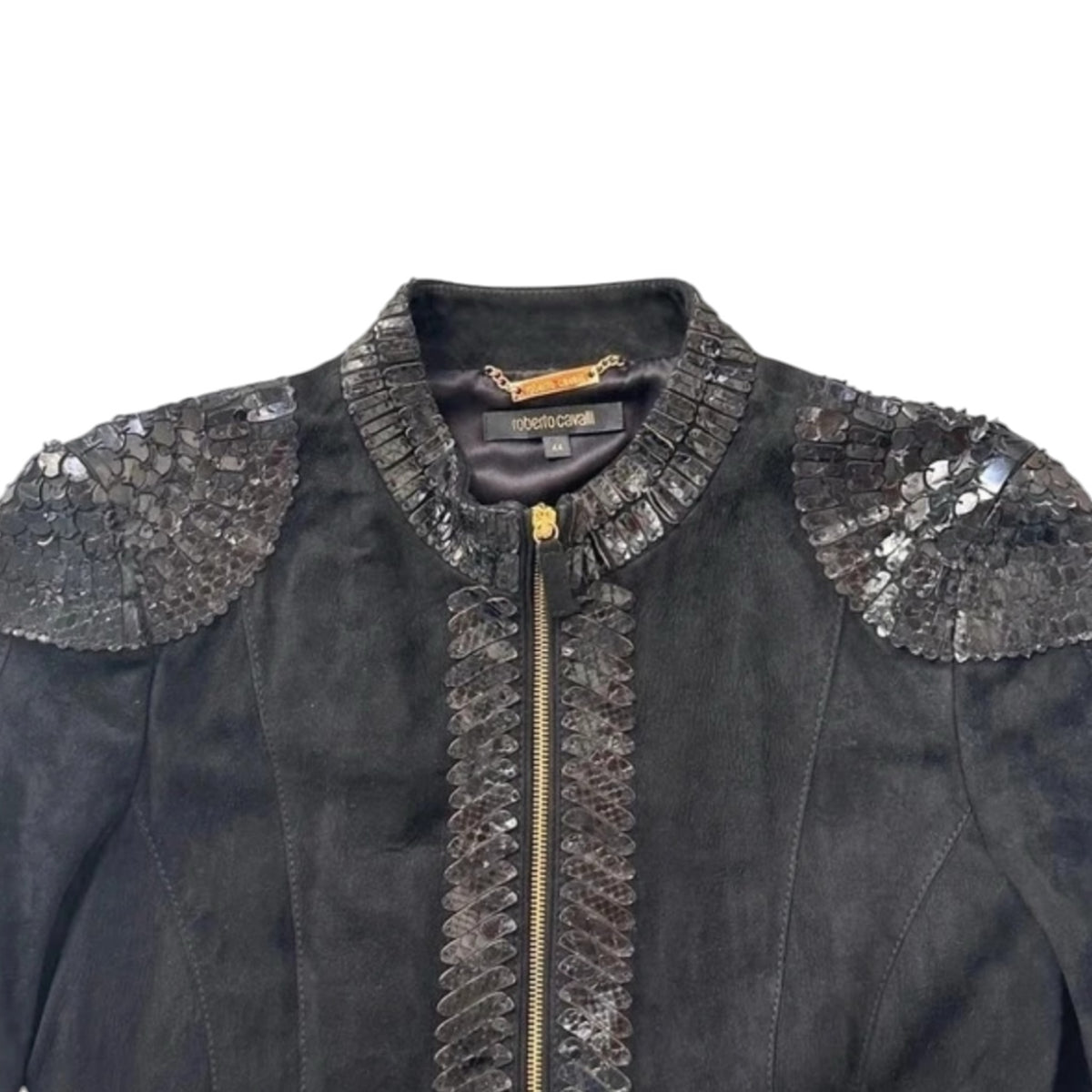Fivedotsvintage Roberto Cavalli black suede zip-up jacket with intricate scale-effect shoulder and collar detailing.