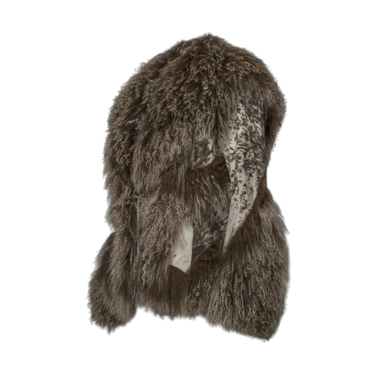 Fivedotsvintage Roberto Cavalli brown curly fur vest with animal print panels and a voluminous silhouette.