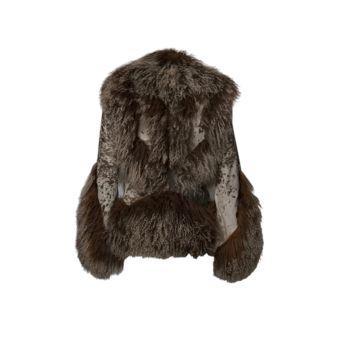 Fivedotsvintage Roberto Cavalli brown curly fur vest with animal print panels and voluminous silhouette