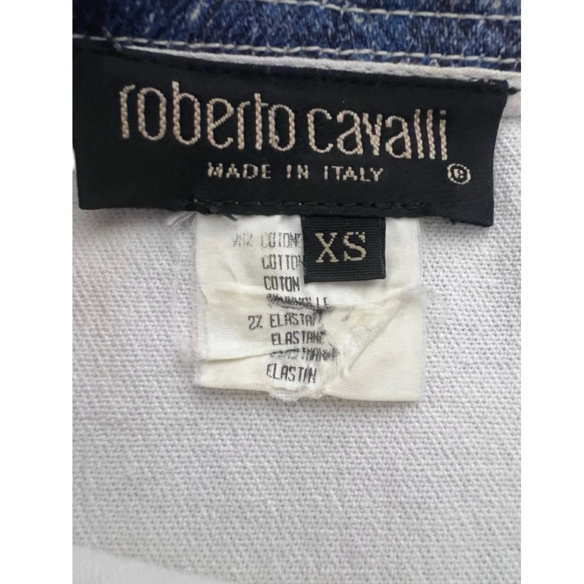 Fivedotsvintage Roberto Cavalli denim mini skirt size XS label showing cotton and elastane fabric composition