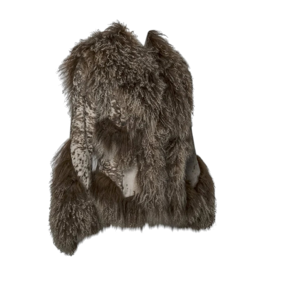 Fivedotsvintage Roberto Cavalli luxurious brown curly fur vest with animal print panels and voluminous silhouette