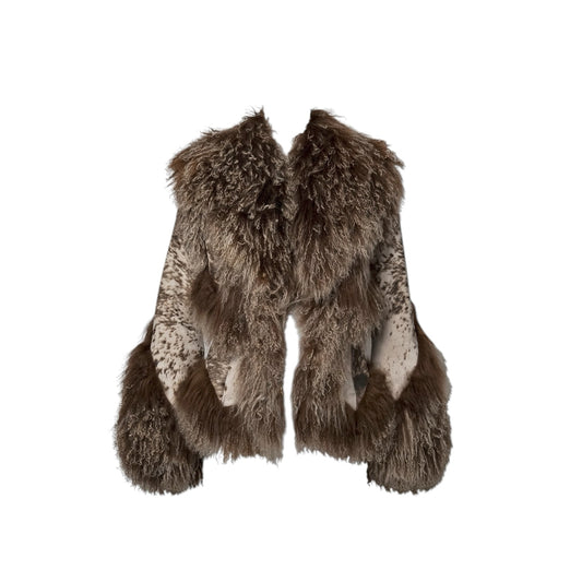 Fivedotsvintage Roberto Cavalli brown curly fur vest with animal print panels and voluminous silhouette.