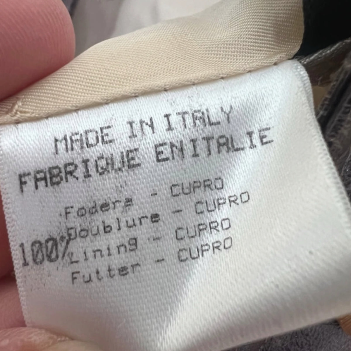Fivedotsvintage Roberto Cavalli jacket care label showing 100% cupro lining and Made in Italy origin