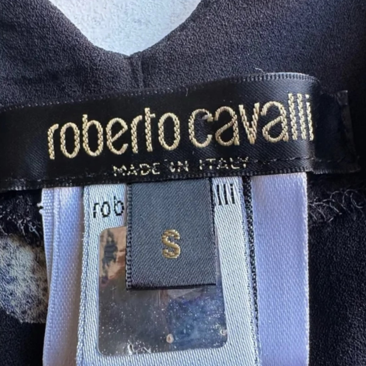 Fivedotsvintage Roberto Cavalli designer gown label showing size S and Made in Italy authenticity tag