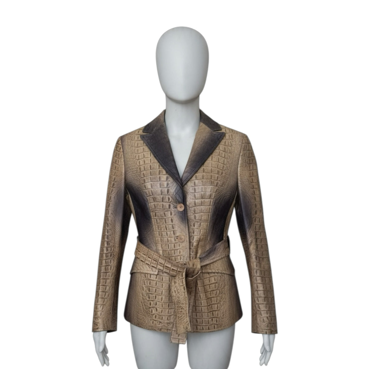Fivedotsvintage Roberto Cavalli crocodile-embossed leather belted jacket in beige and charcoal gradient on a mannequin