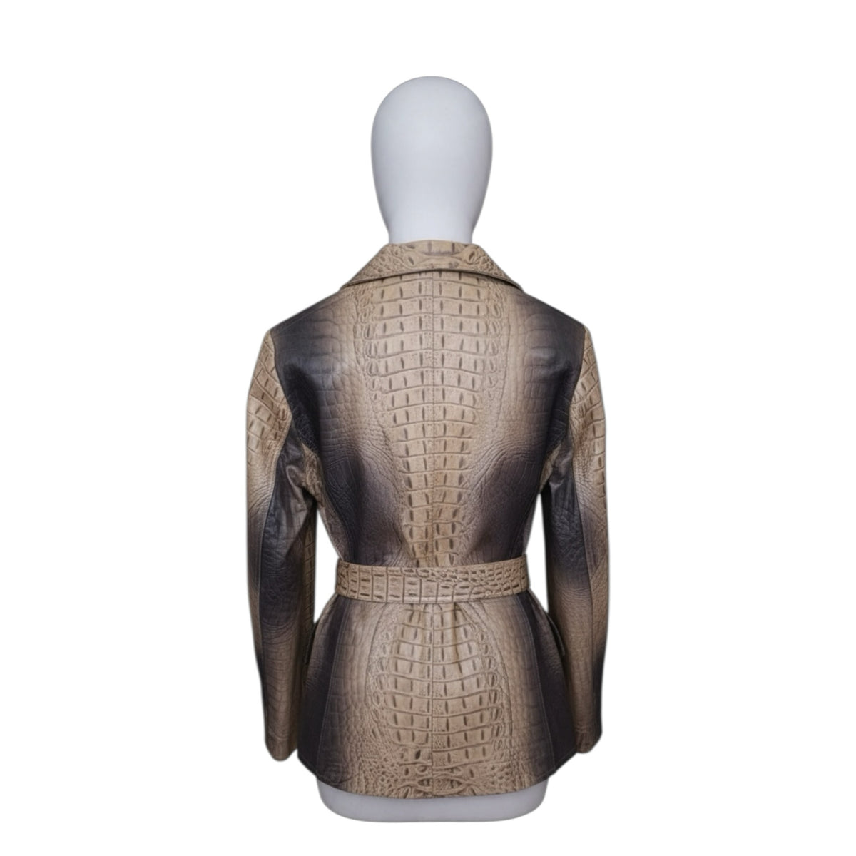Fivedotsvintage Roberto Cavalli crocodile-embossed leather jacket with a beige and charcoal gradient, back view.