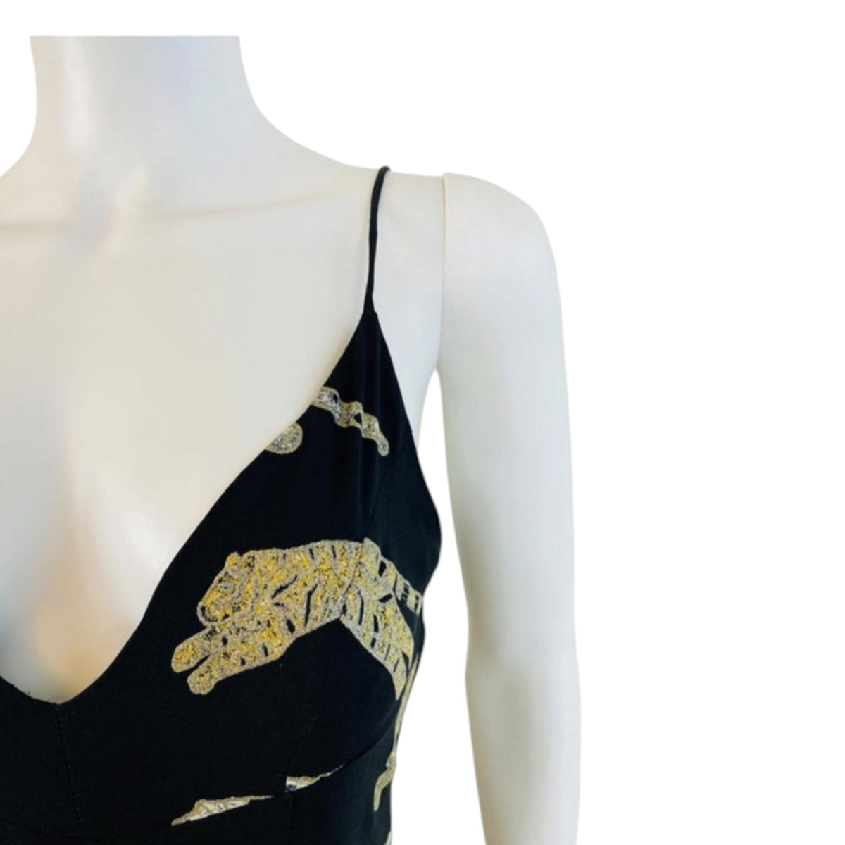 Fivedotsvintage Roberto Cavalli black floor-length evening gown with gold leopard print and spaghetti straps