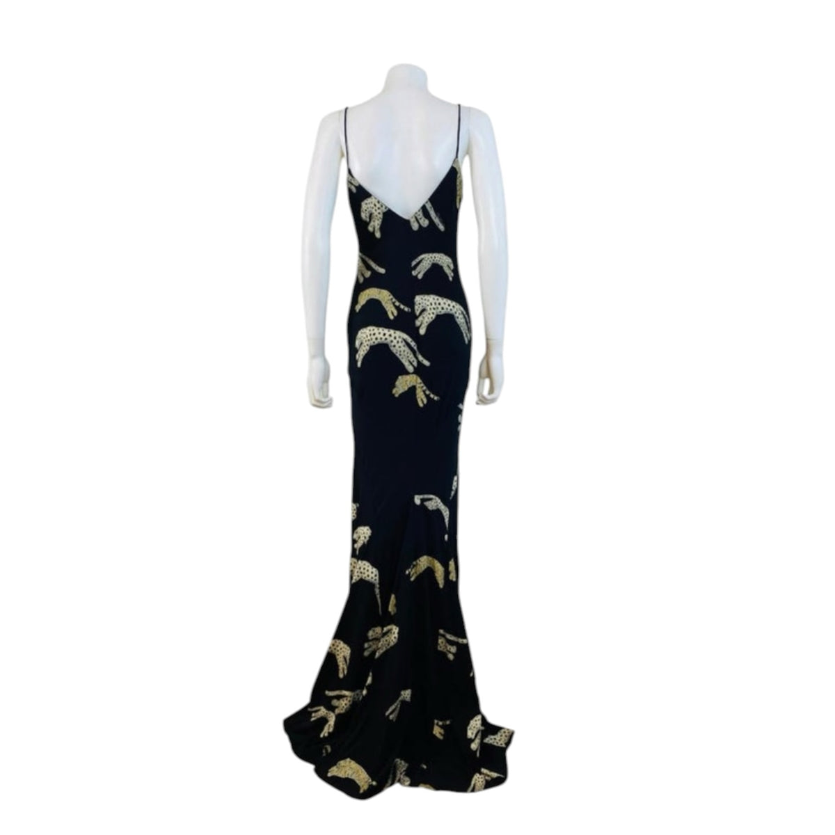 Fivedotsvintage Roberto Cavalli floor-length black evening gown with gold leopard print and spaghetti straps, back view