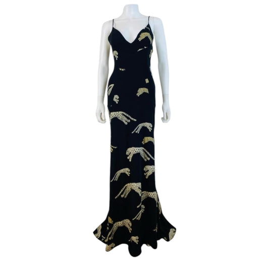 Fivedotsvintage Roberto Cavalli floor-length black evening gown with gold leopard print, spaghetti straps and V-neck.