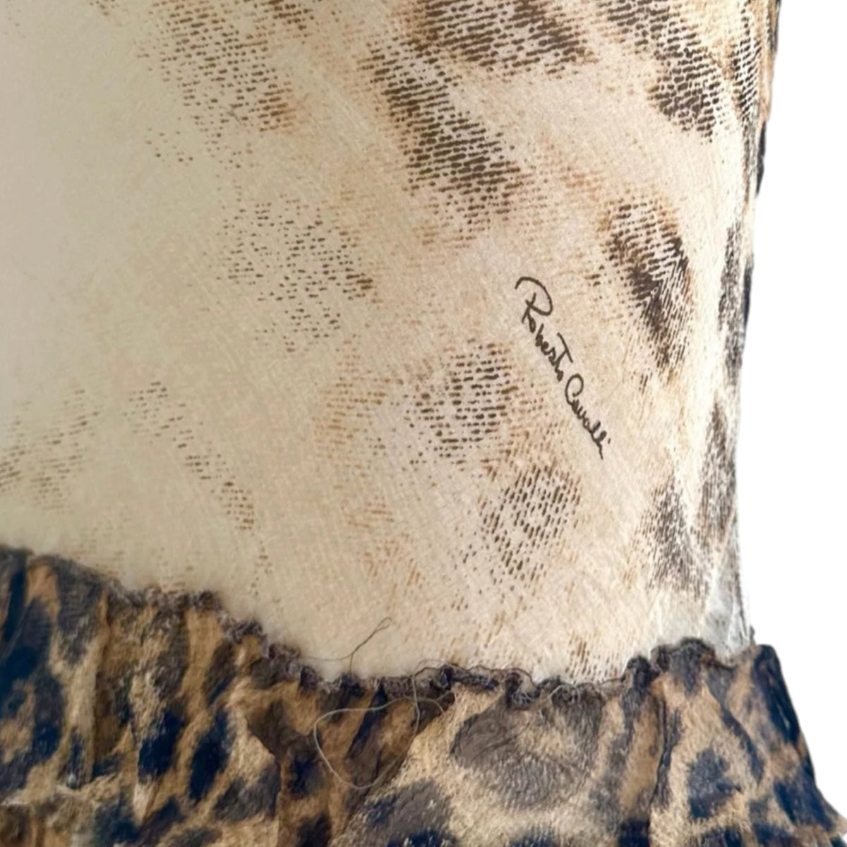 Fivedotsvintage Roberto Cavalli leopard print silk dress detail showing the designer signature and ruffled fabric
