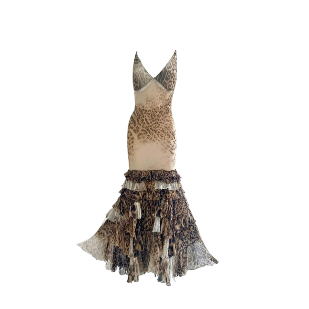 Fivedotsvintage Roberto Cavalli leopard print silk evening gown with spaghetti straps and tiered ruffled skirt