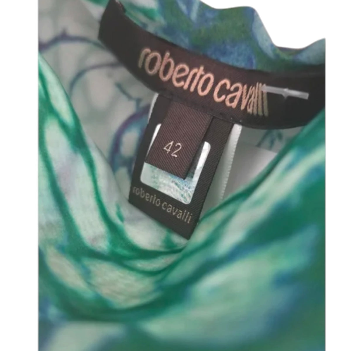 Fivedotsvintage Roberto Cavalli lightweight poncho with emerald green and violet botanical print and size 42 label