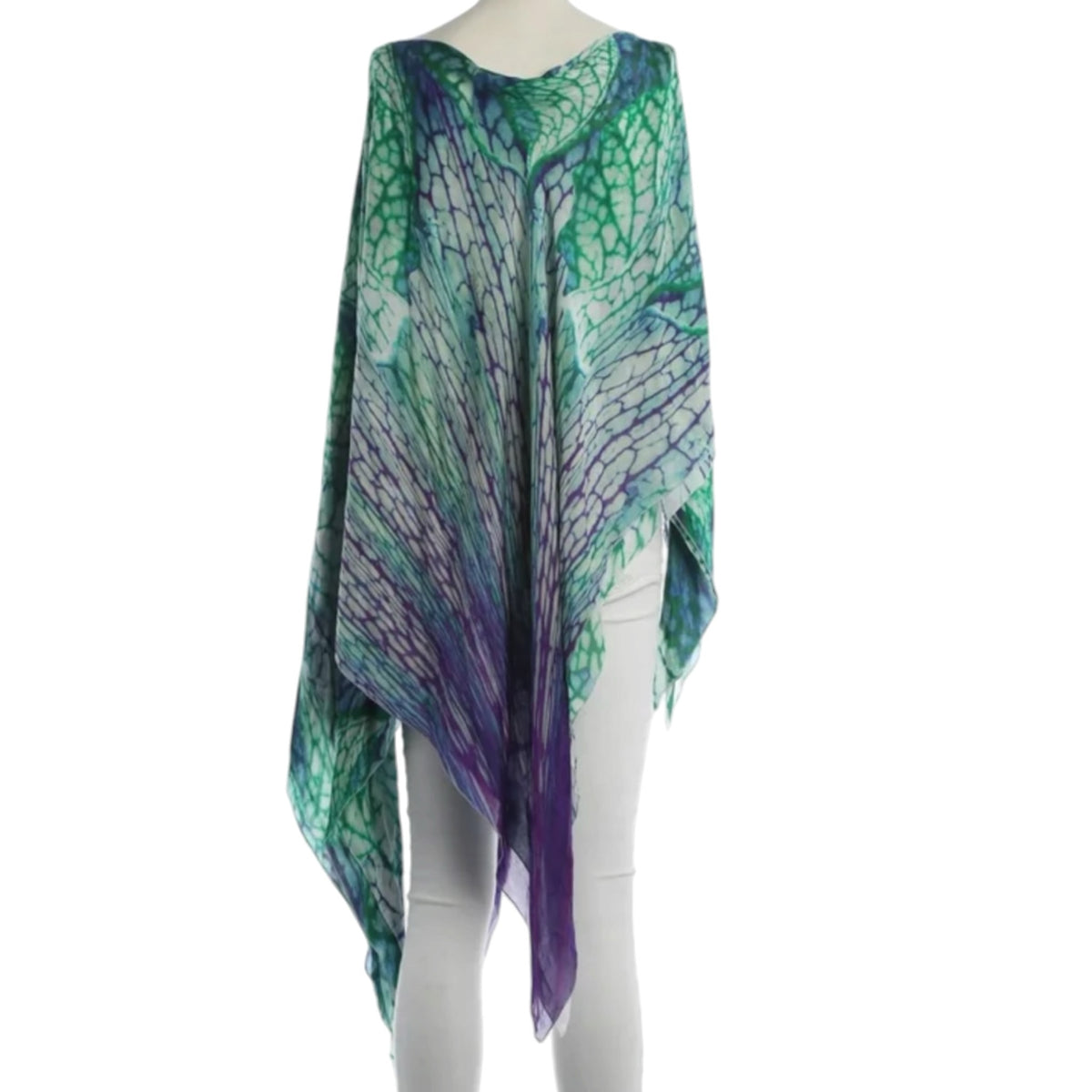 Fivedotsvintage Roberto Cavalli lightweight poncho with a vibrant emerald green and violet botanical vein print