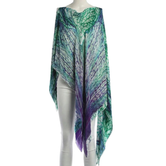 Fivedotsvintage Roberto Cavalli lightweight poncho with a vibrant emerald green and violet botanical vein print.